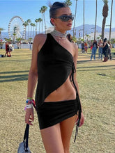 Cut Out Sexy Top and Skirt 2 Piece Set Drawstring Outfits